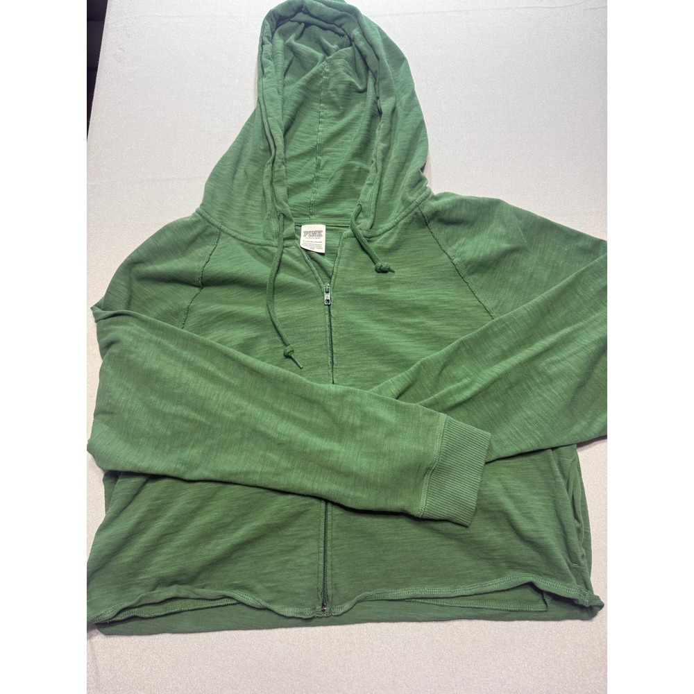 Pink Victoria's Secret Green Cotton Slub Full Zip Cropped Hoodie XL